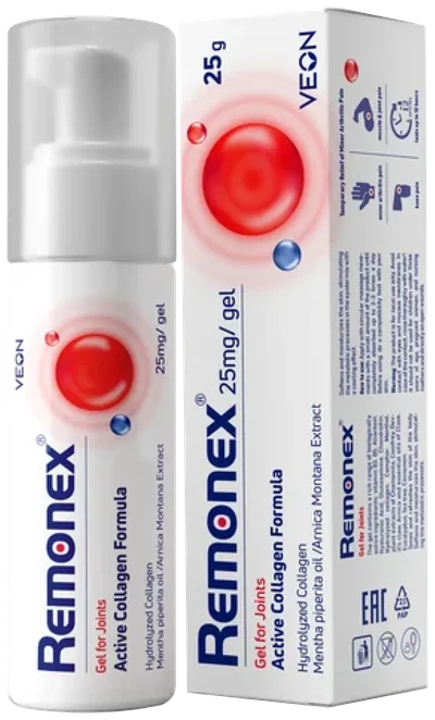 Remonex gél na kĺby 25 g vo fľaštičke s pumpičkou a krabička