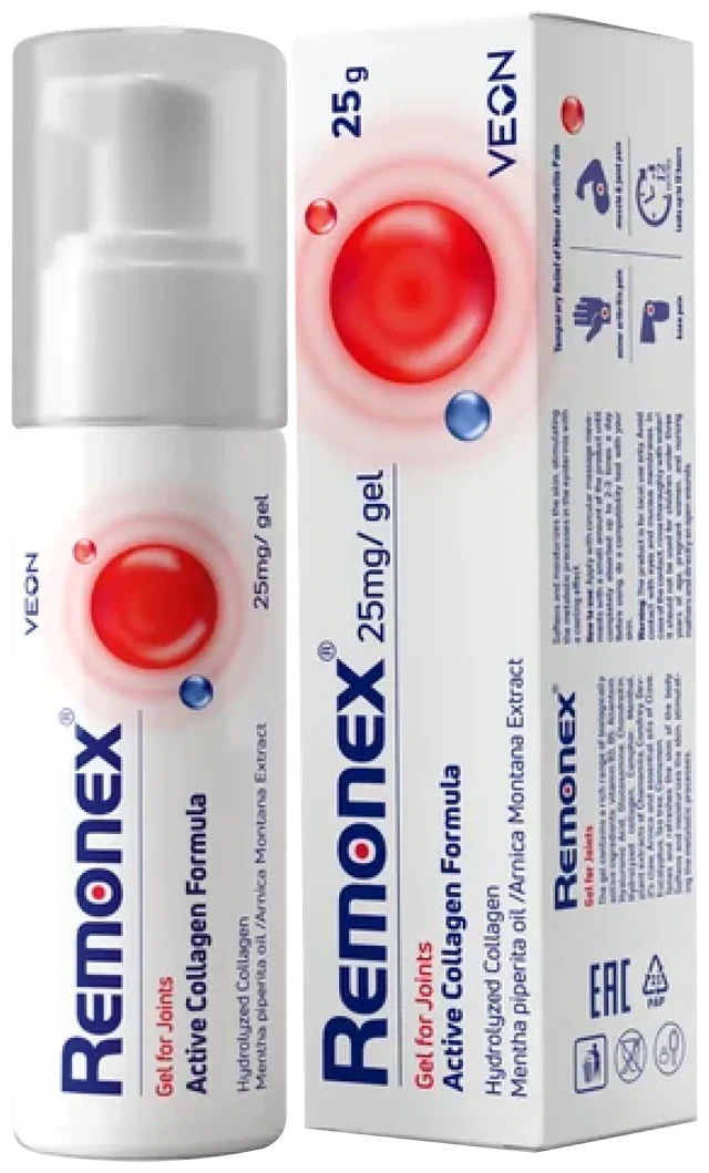 Remonex gél na kĺby 25 g vo fľaštičke s pumpičkou a krabička